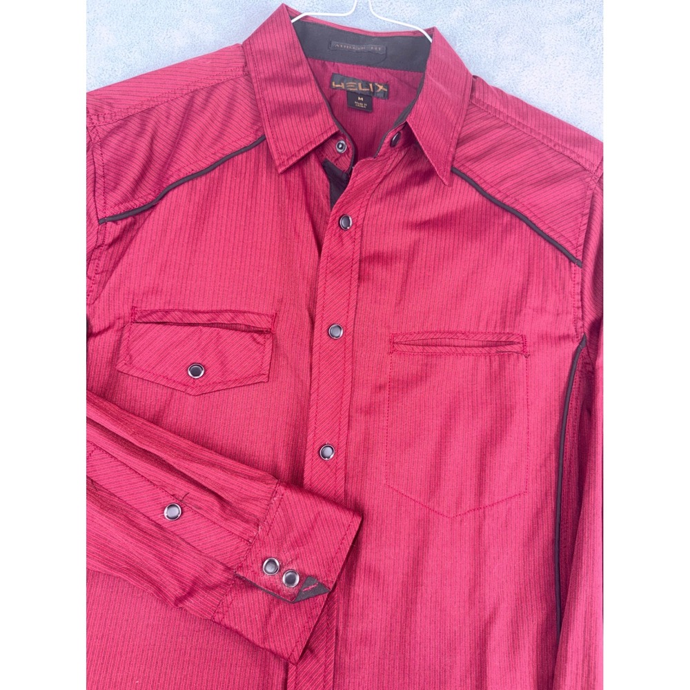 Helix Mens‎ Athletic Fit Long Sleeve Button Down Shirt Red Western Piping Medium